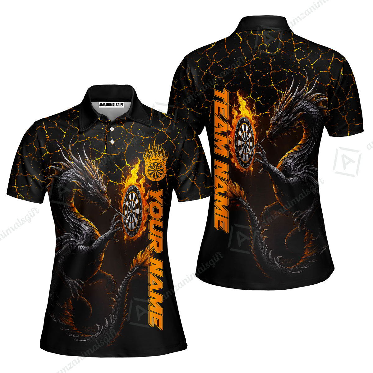 Customized Darts Women Polo Shirt, Big Dragon Dartboard Flame Darts Women Polo Shirt Team Style Jersey for Darts Players