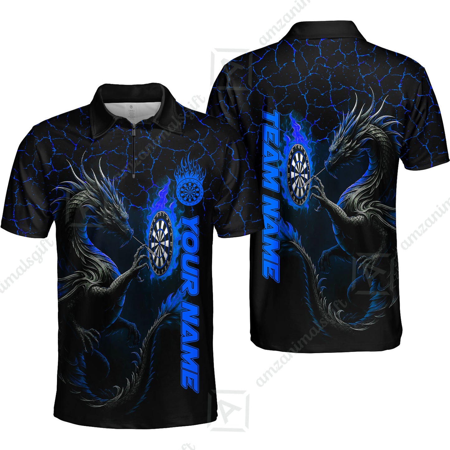 Customized Darts Quarter-Zip Polo Shirt, Big Dragon Dartboard Flame Darts Zip Polo Shirts Team Jersey for Darts Players