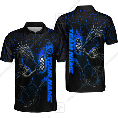 Customized Darts Quarter-Zip Polo Shirt, Big Dragon Dartboard Flame Darts Zip Polo Shirts Team Jersey for Darts Players