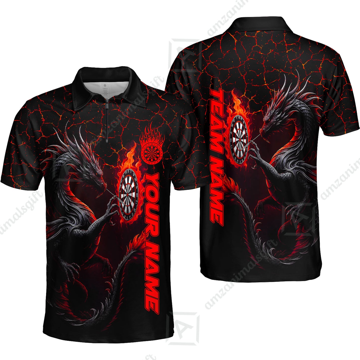Customized Darts Quarter-Zip Polo Shirt, Big Dragon Dartboard Flame Darts Zip Polo Shirts Team Jersey for Darts Players