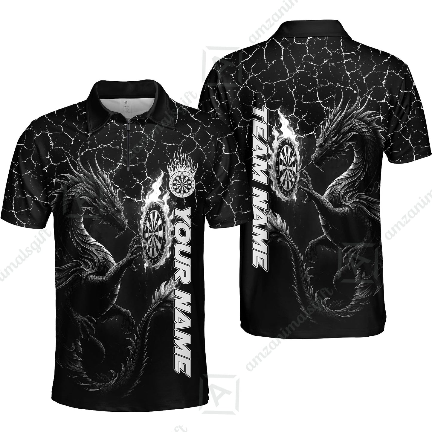 Customized Darts Quarter-Zip Polo Shirt, Big Dragon Dartboard Flame Darts Zip Polo Shirts Team Jersey for Darts Players