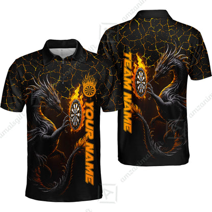 Customized Darts Quarter-Zip Polo Shirt, Big Dragon Dartboard Flame Darts Zip Polo Shirts Team Jersey for Darts Players