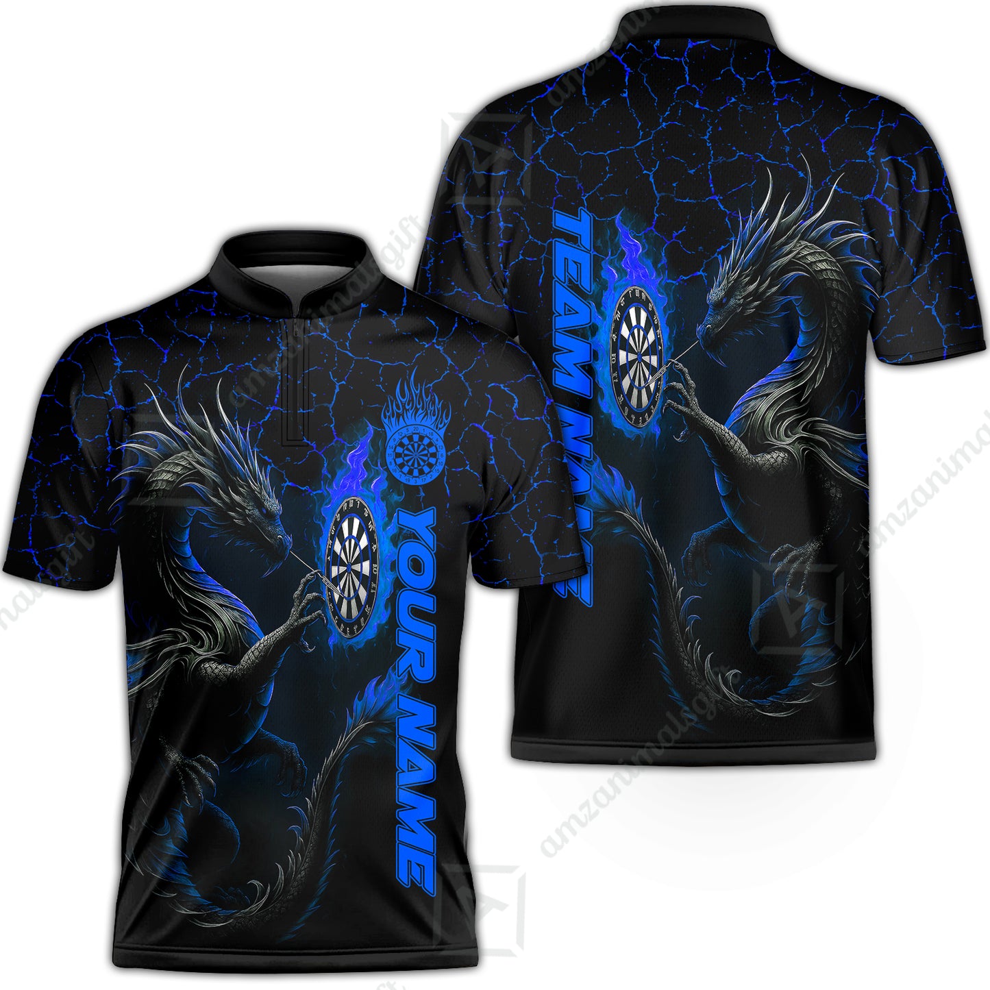 Customized Darts Stand Collar Quarter-Zip Shirt, Big Dragon Dartboard Flame Darts Team Style Jersey for Darts Players