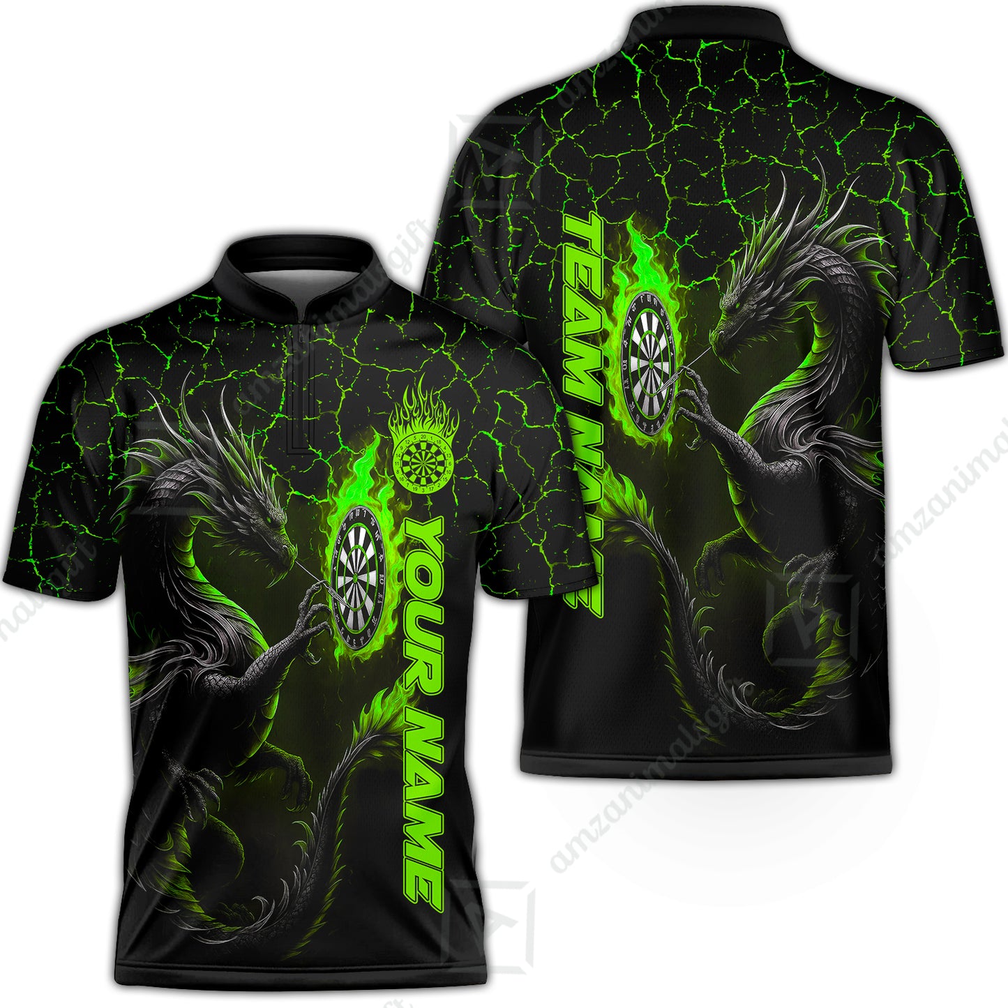 Customized Darts Stand Collar Quarter-Zip Shirt, Big Dragon Dartboard Flame Darts Team Style Jersey for Darts Players