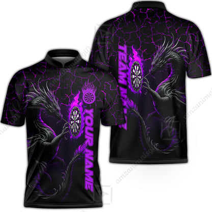 Customized Darts Stand Collar Quarter-Zip Shirt, Big Dragon Dartboard Flame Darts Team Style Jersey for Darts Players