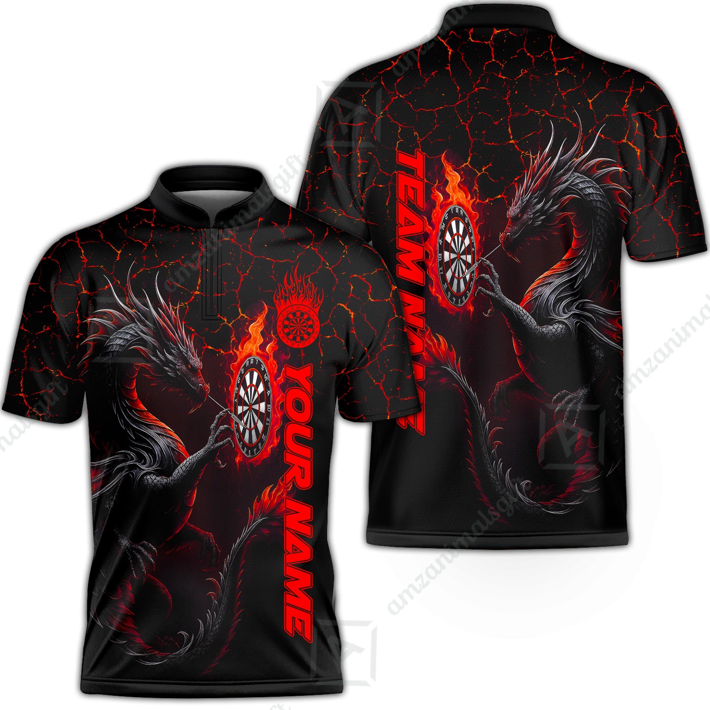 Customized Darts Stand Collar Quarter-Zip Shirt, Big Dragon Dartboard Flame Darts Team Style Jersey for Darts Players