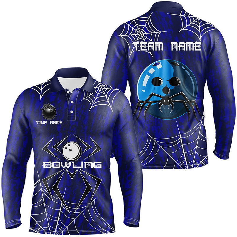 Custom Spider Blue Camo Bowling Team Jersey Polo Shirts, Halloween Bowling Team Uniforms Jerseys, Personalized Name And Team Name
