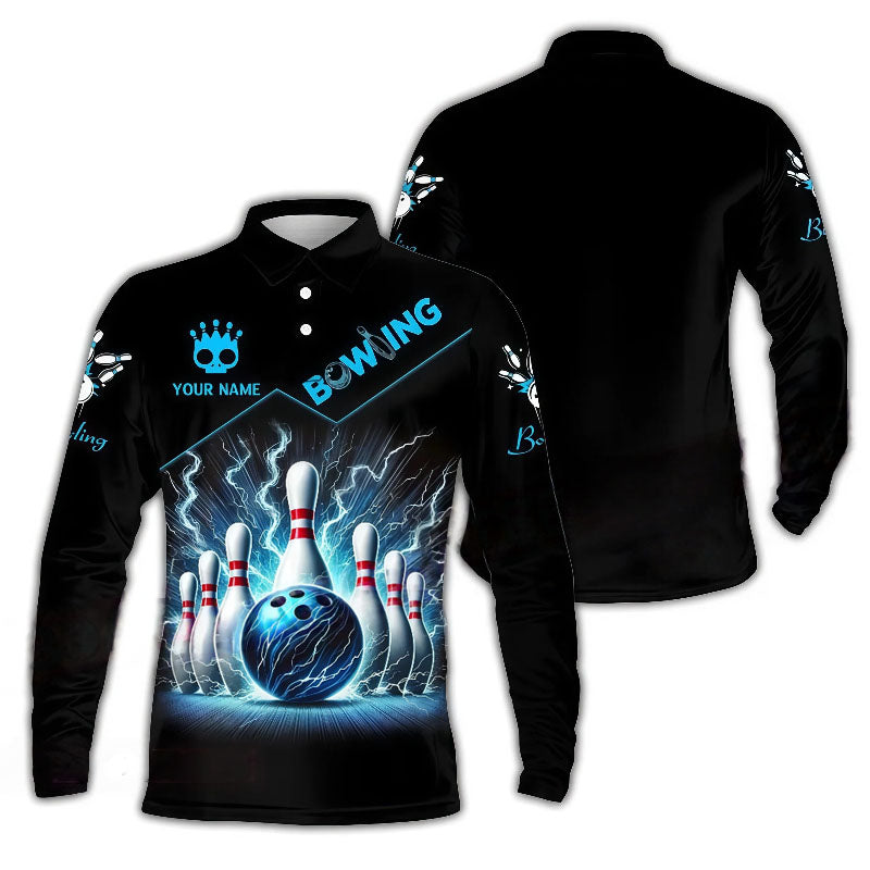 Blue Bowling Ball Electric Long Polo Shirt