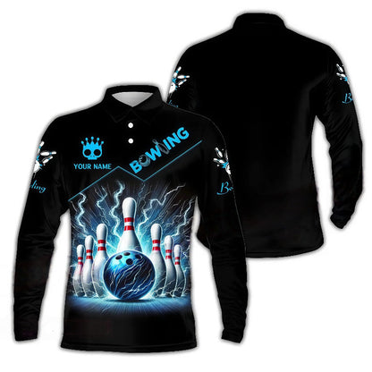 Blue Bowling Ball Electric Long Polo Shirt