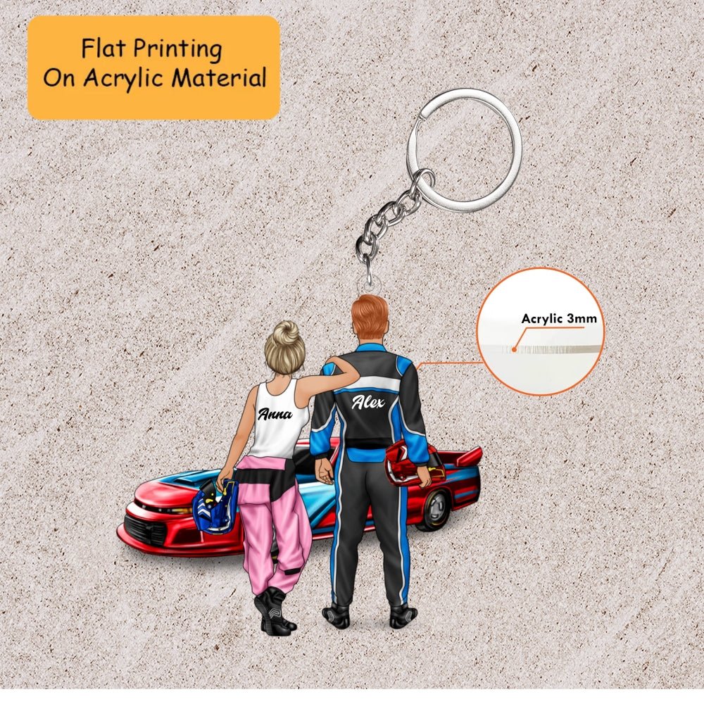 Personalized Auto Racing Christmas Ornament, Back View Couple Holding Helmets By Race Car, Custom Ornament Christmas Gift, Keychain Auto Racing, Car Ornament Auto Racing