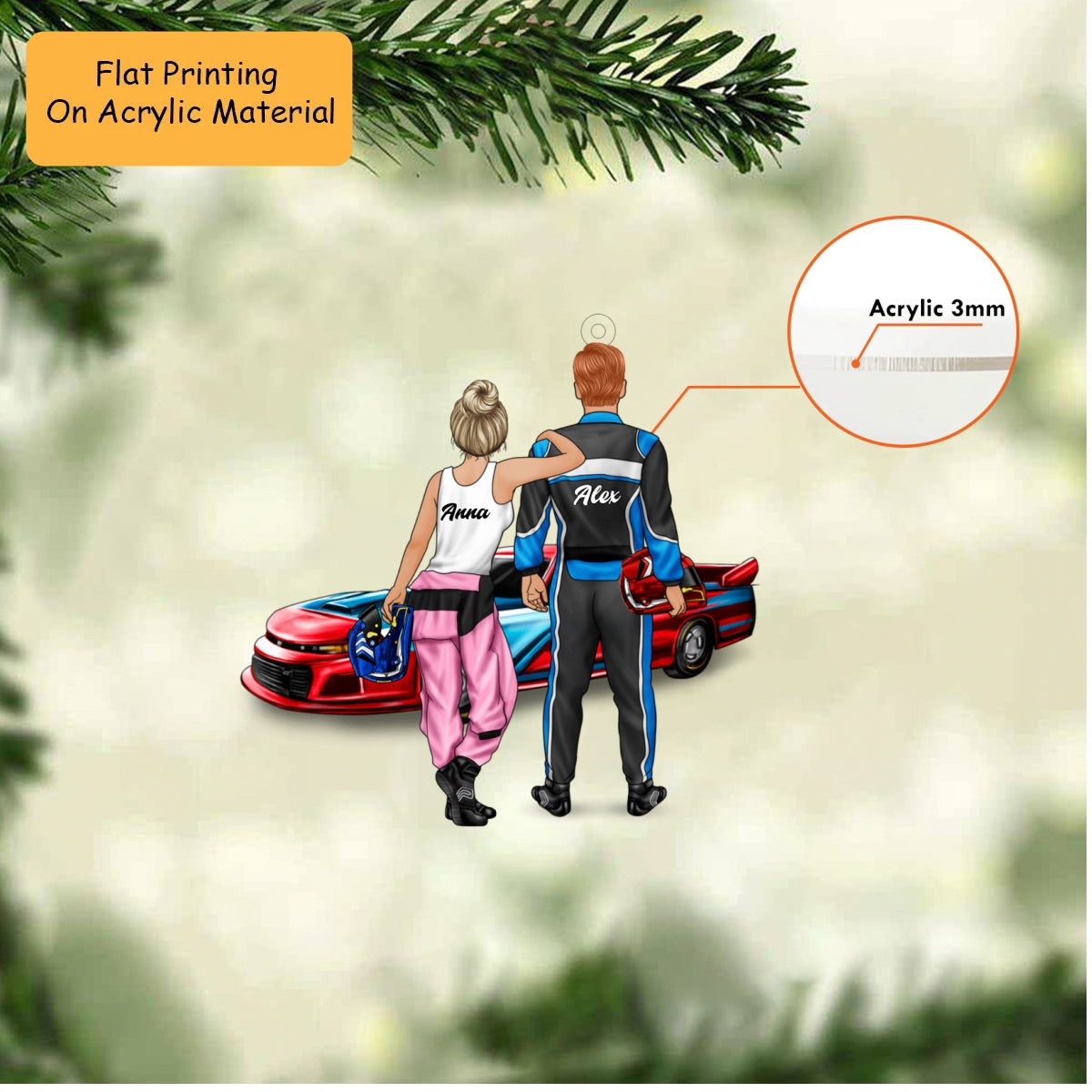 Personalized Auto Racing Christmas Ornament, Back View Couple Holding Helmets By Race Car, Custom Ornament Christmas Gift, Keychain Auto Racing, Car Ornament Auto Racing