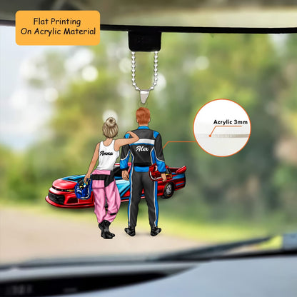 Personalized Auto Racing Christmas Ornament, Back View Couple Holding Helmets By Race Car, Custom Ornament Christmas Gift, Keychain Auto Racing, Car Ornament Auto Racing