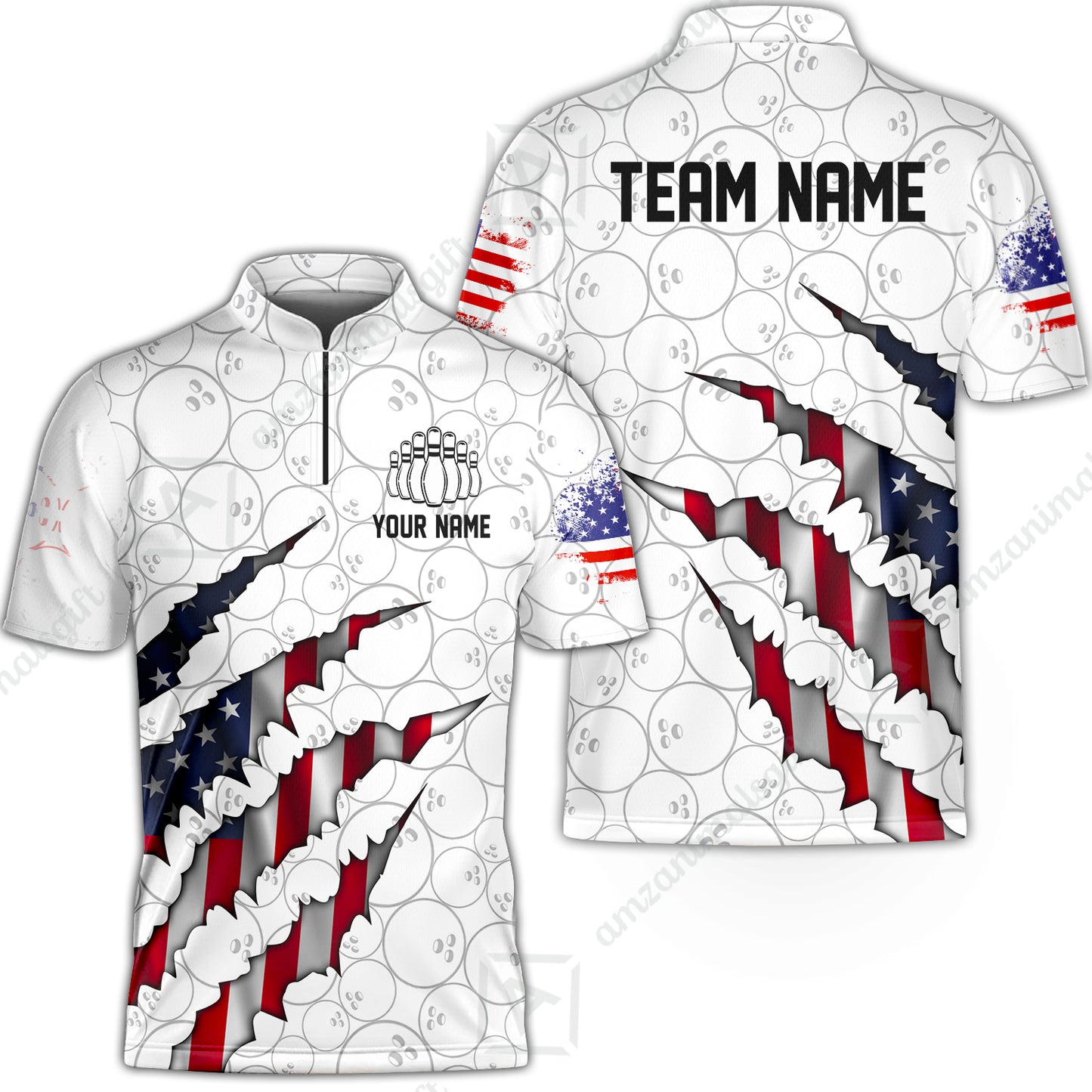 Personalized Bowling Quarter-Zip Jersey Shirt, Bowling American Flag Scratches Shirt For Patriotic Team Men Women Bowlers