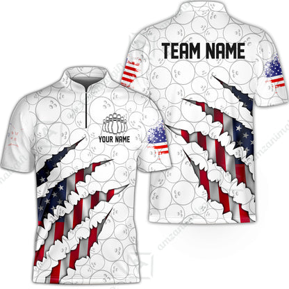 Personalized Bowling Quarter-Zip Jersey Shirt, Bowling American Flag Scratches Shirt For Patriotic Team Men Women Bowlers