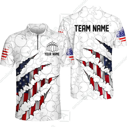 Personalized Bowling Quarter-Zip Jersey Shirt, Bowling American Flag Scratches Shirt For Patriotic Team Men Women Bowlers
