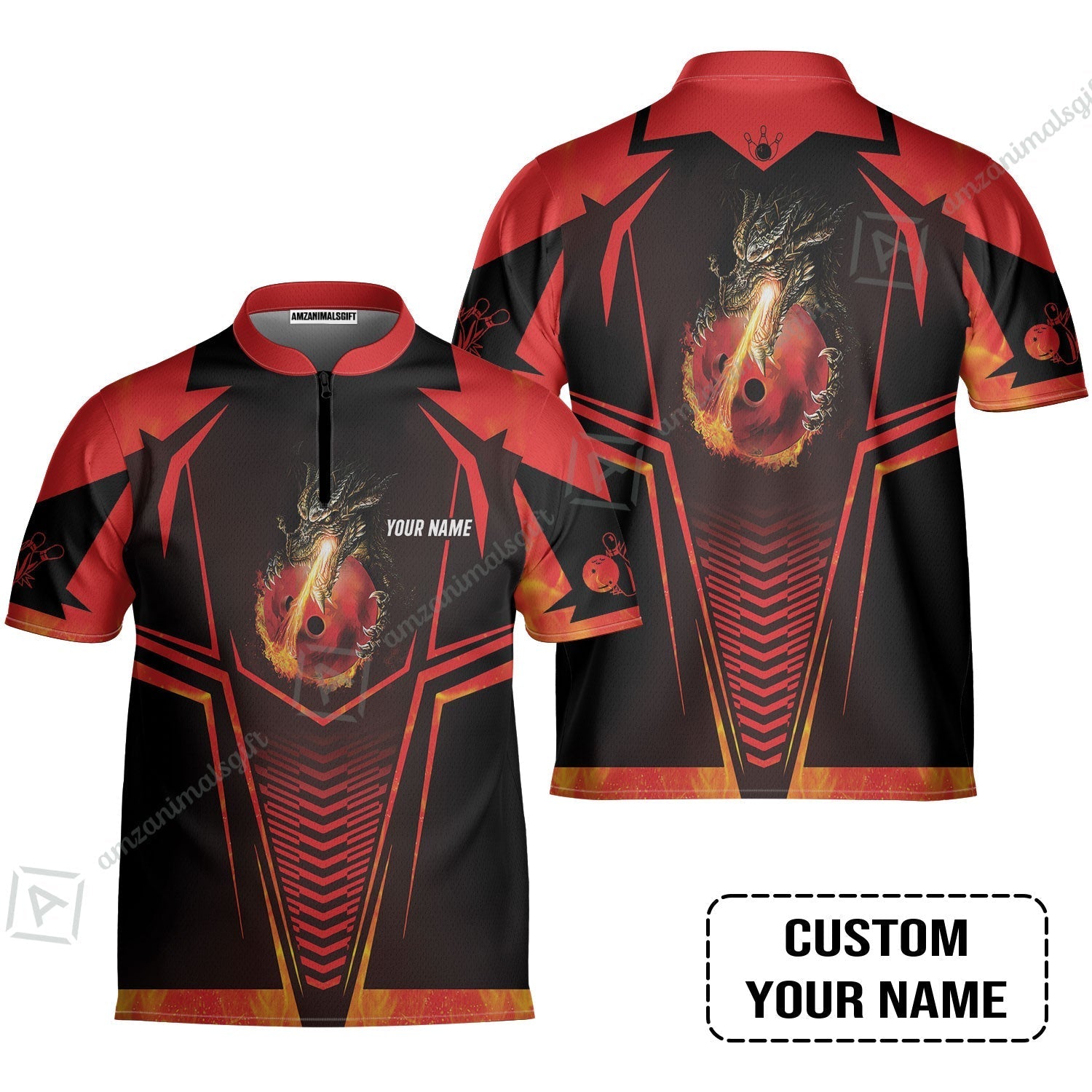 Bowling Custom Jersey, Custom Name Dragon Fire Flame Personalized Bowling Jersey