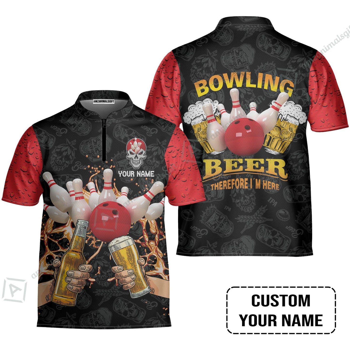 Bowling Long Polo Shirt Custom Name, Bowling and Beer Black Red Therefore I'm Here Personalized Long Polo Shirt