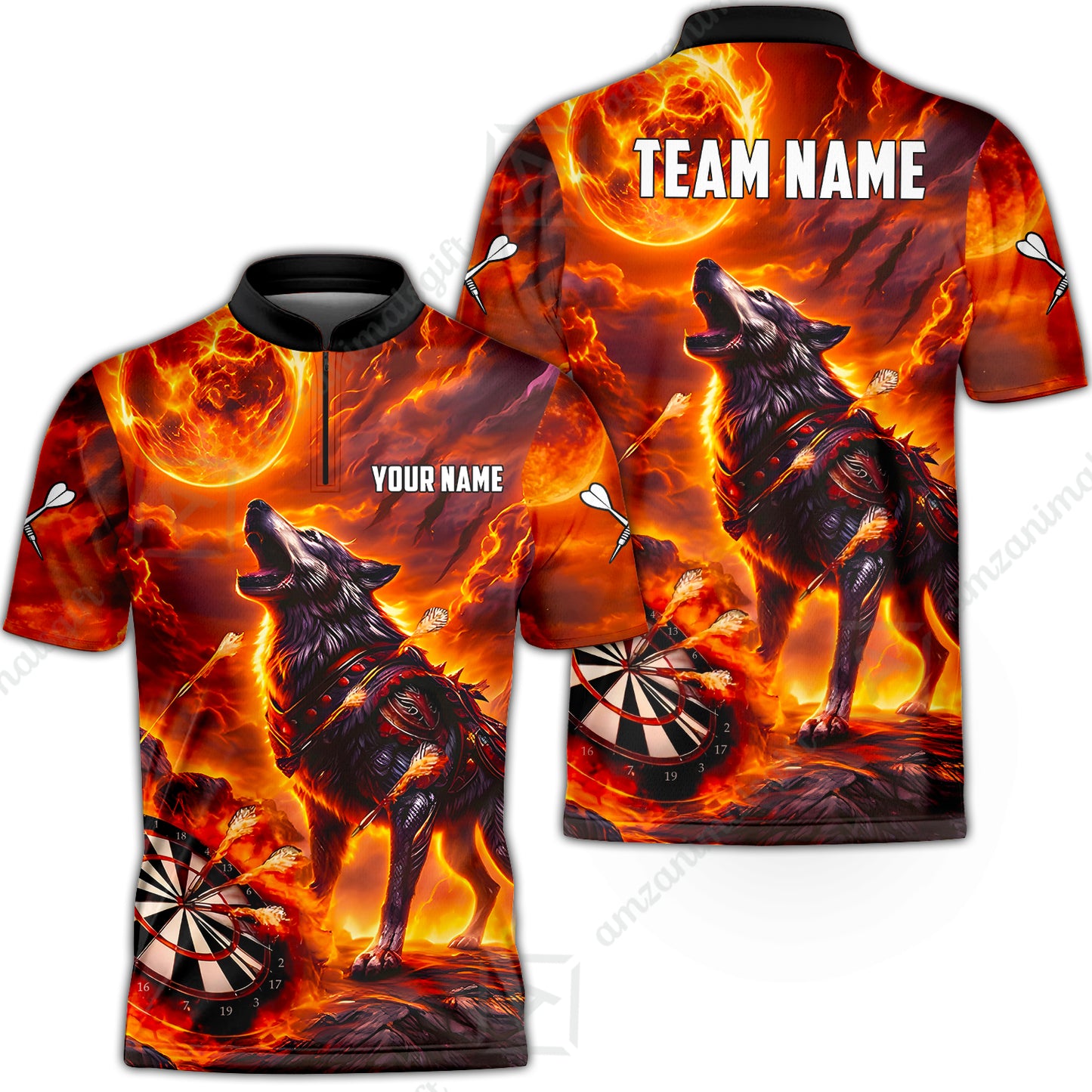 Custom Darts Team Jersey, Personalized Flaming Wolf Jersey Shirt For Players With Name & Team Name