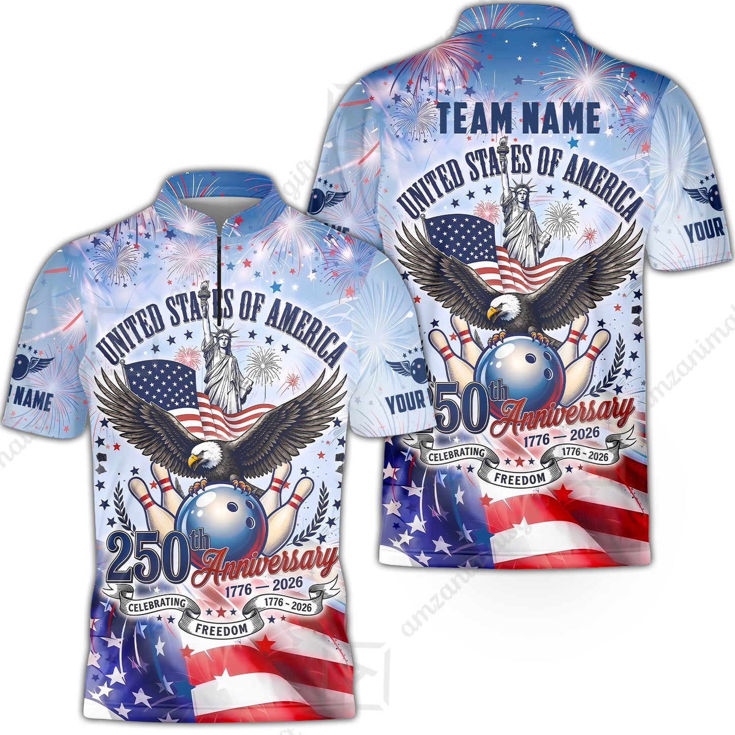 Custom Bowling Jersey Polo Shirt, 250 Years Anniversary USA, Personalize Name and Team Name