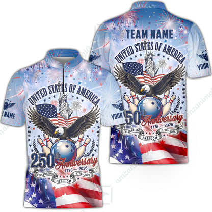 Custom Bowling Jersey Polo Shirt, 250 Years Anniversary USA, Personalize Name and Team Name