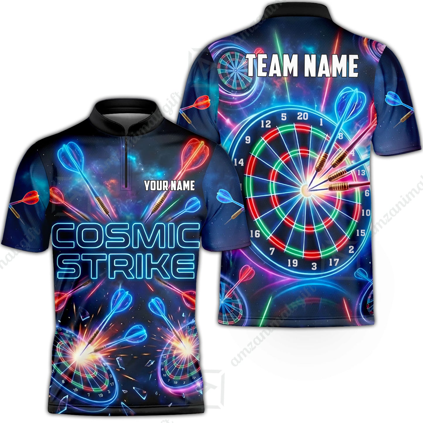 Custom Darts Team Jersey, Personalized Neon Galaxy Strike Darts Polo Shirt For Players With Name & Team Name