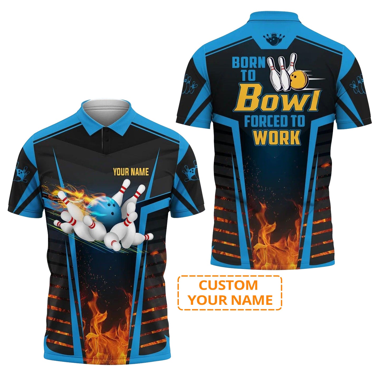 Bowling Men Polo Shirt Custom Name - The Blue Bowling Ball Born To Bowl Forced To Work Personalized Name Polo Shirt For Men, Bowler, Friend, Family