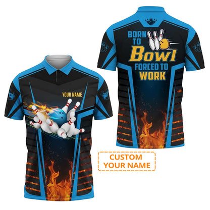 Bowling Men Polo Shirt Custom Name - The Blue Bowling Ball Born To Bowl Forced To Work Personalized Name Polo Shirt For Men, Bowler, Friend, Family