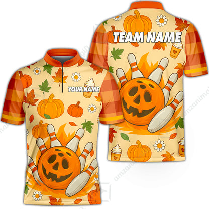 Customized Bowling Team Polo Jersey, Bowling Halloween Pumpkin Style Uniform Shirt For Bowlers