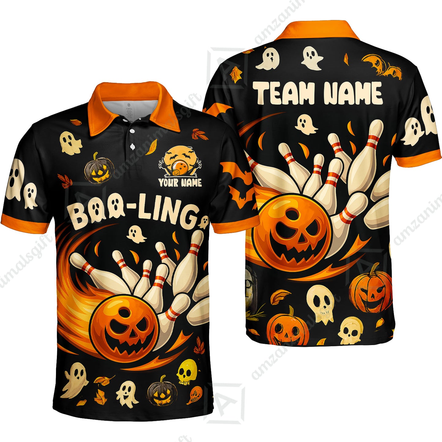 Customized Bowling Team Polo Jersey, Bowling Halloween Pumpkin Booling Style Uniform Shirt For Bowlers
