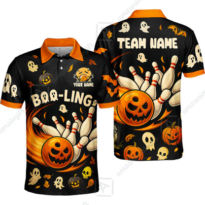 Customized Bowling Team Polo Jersey, Bowling Halloween Pumpkin Booling Style Uniform Shirt For Bowlers