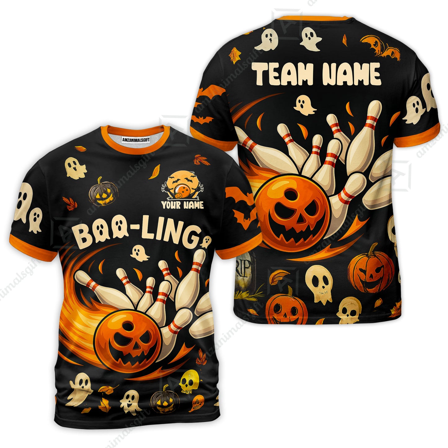 Customized Bowling Team Polo Jersey, Bowling Halloween Pumpkin Booling Style Uniform Shirt For Bowlers