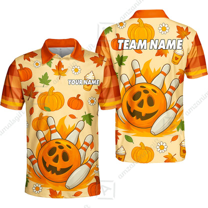 Customized Bowling Team Polo Jersey, Bowling Halloween Pumpkin Style Uniform Shirt For Bowlers