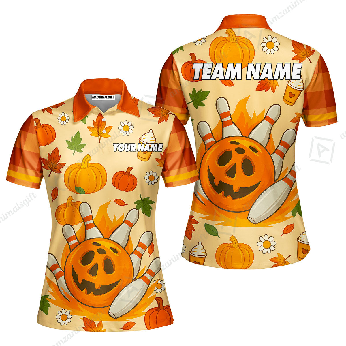 Customized Bowling Team Polo Jersey, Bowling Halloween Pumpkin Style Uniform Shirt For Bowlers
