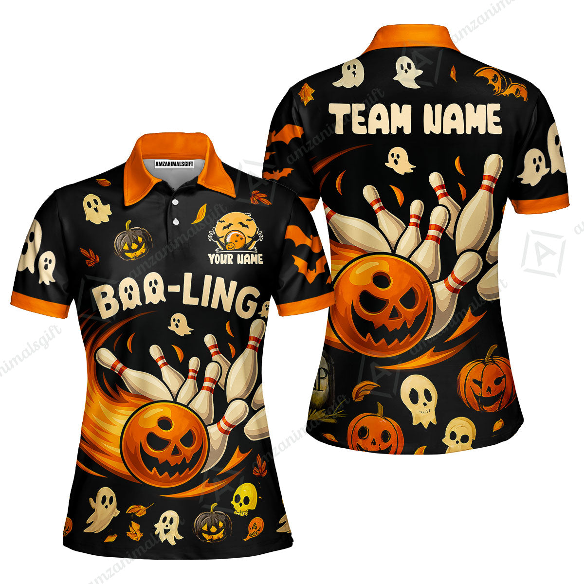 Customized Bowling Team Polo Jersey, Bowling Halloween Pumpkin Booling Style Uniform Shirt For Bowlers
