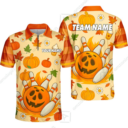 Customized Bowling Team Polo Jersey, Bowling Halloween Pumpkin Style Uniform Shirt For Bowlers