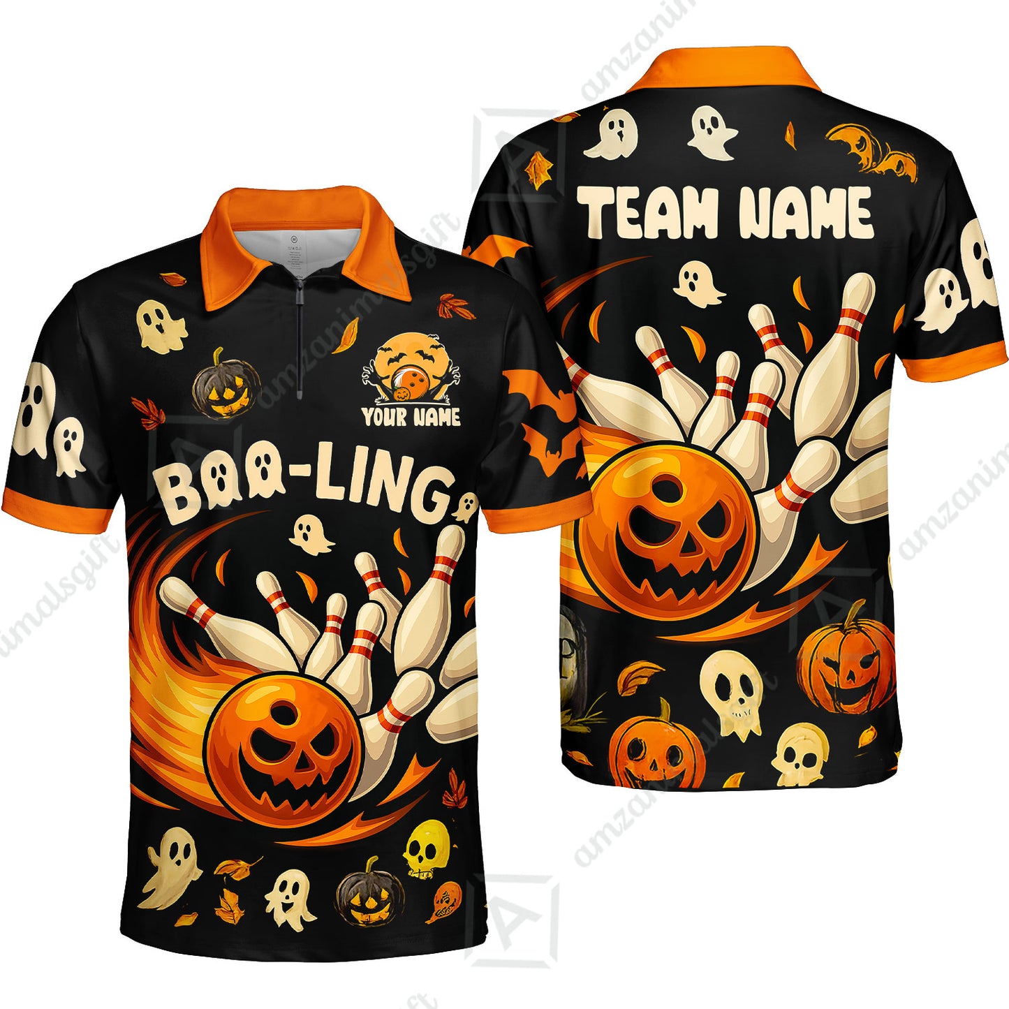 Customized Bowling Team Polo Jersey, Bowling Halloween Pumpkin Booling Style Uniform Shirt For Bowlers