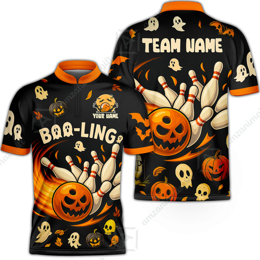 Customized Bowling Team Polo Jersey, Bowling Halloween Pumpkin Booling Style Uniform Shirt For Bowlers
