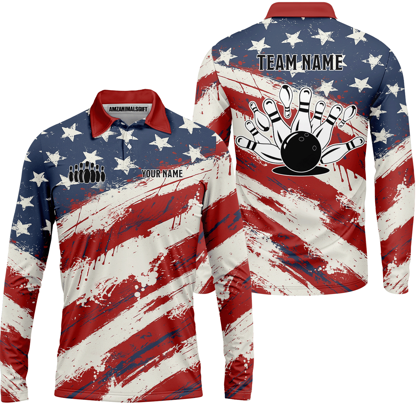 Custom Bowling Team Jerseys Polo Shirts, Bowling Sports American Flag uniforms - Personalized Name And Team Name