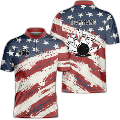 Custom Bowling Team Jerseys Polo Shirts, Bowling Sports American Flag uniforms - Personalized Name And Team Name