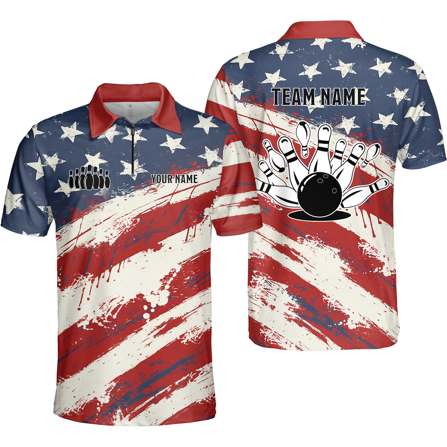 Custom Bowling Team Jerseys Polo Shirts, Bowling Sports American Flag uniforms - Personalized Name And Team Name