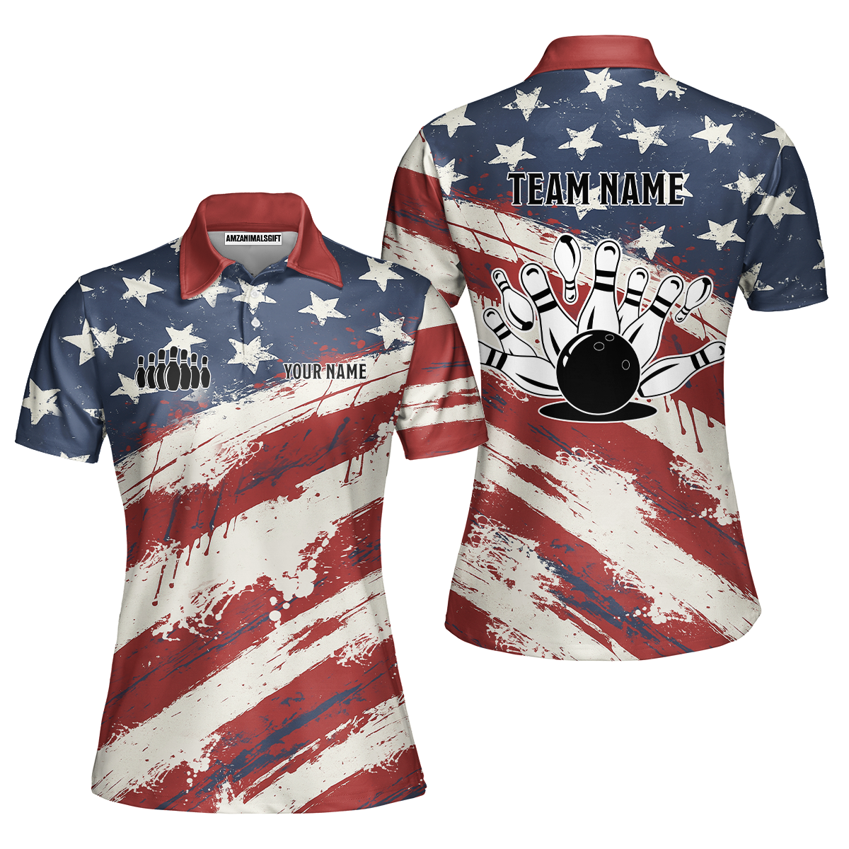 Custom Bowling Team Jerseys Polo Shirts, Bowling Sports American Flag uniforms - Personalized Name And Team Name