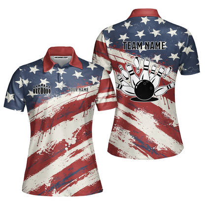 Custom Bowling Team Jerseys Polo Shirts, Bowling Sports American Flag uniforms - Personalized Name And Team Name