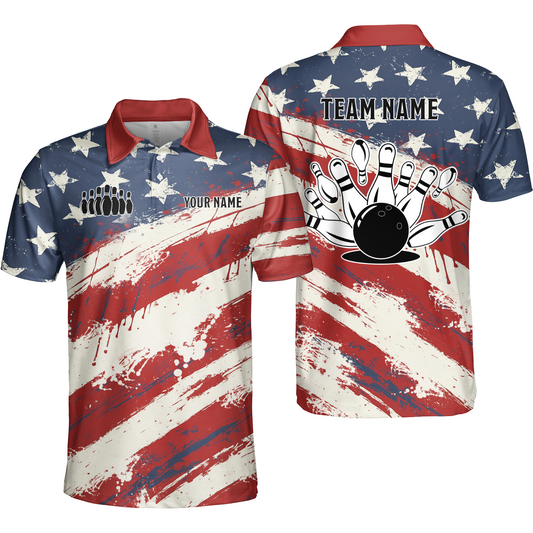 Custom Bowling Team Jerseys Polo Shirts, Bowling Sports American Flag uniforms - Personalized Name And Team Name