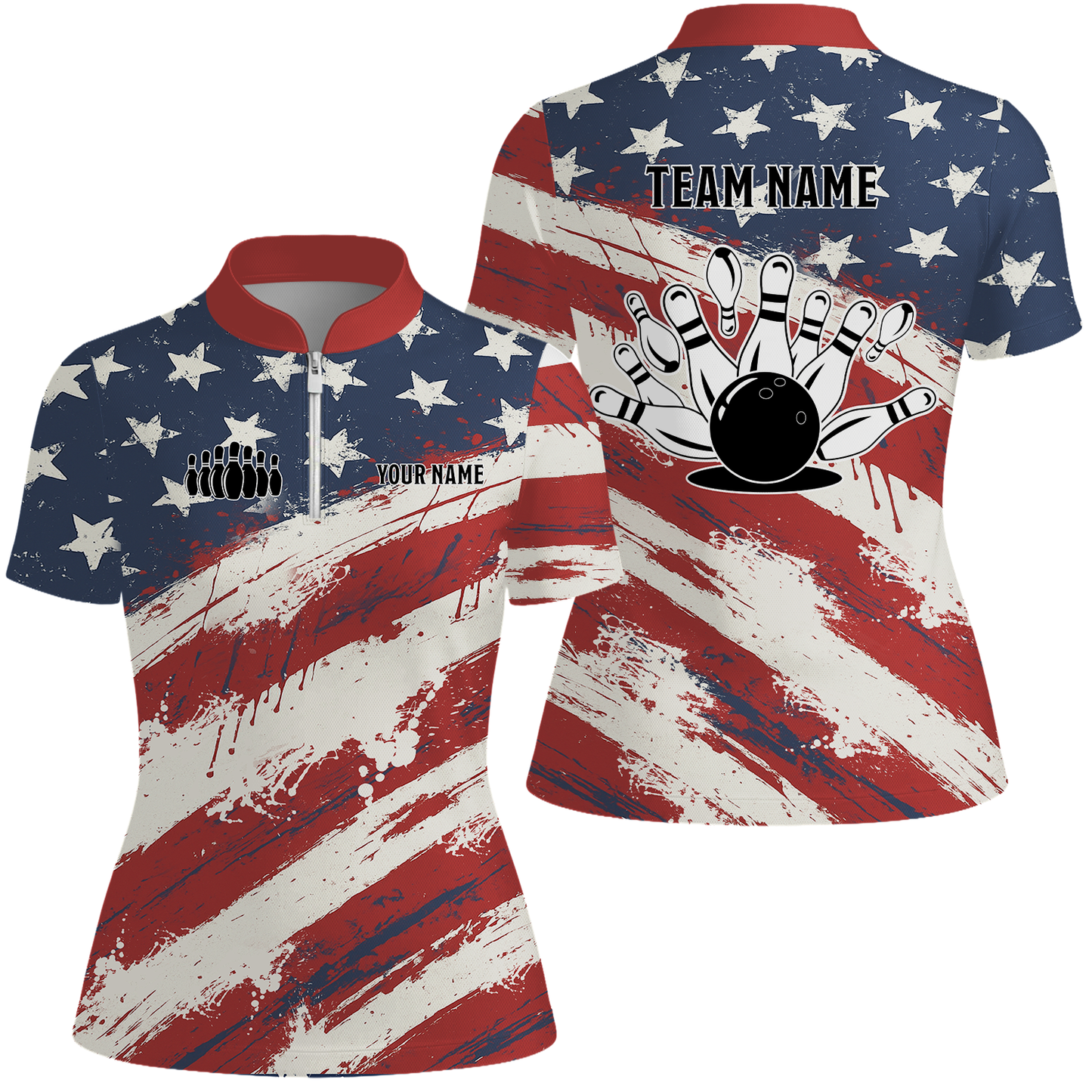 Custom Bowling Team Jerseys Polo Shirts, Bowling Sports American Flag uniforms - Personalized Name And Team Name