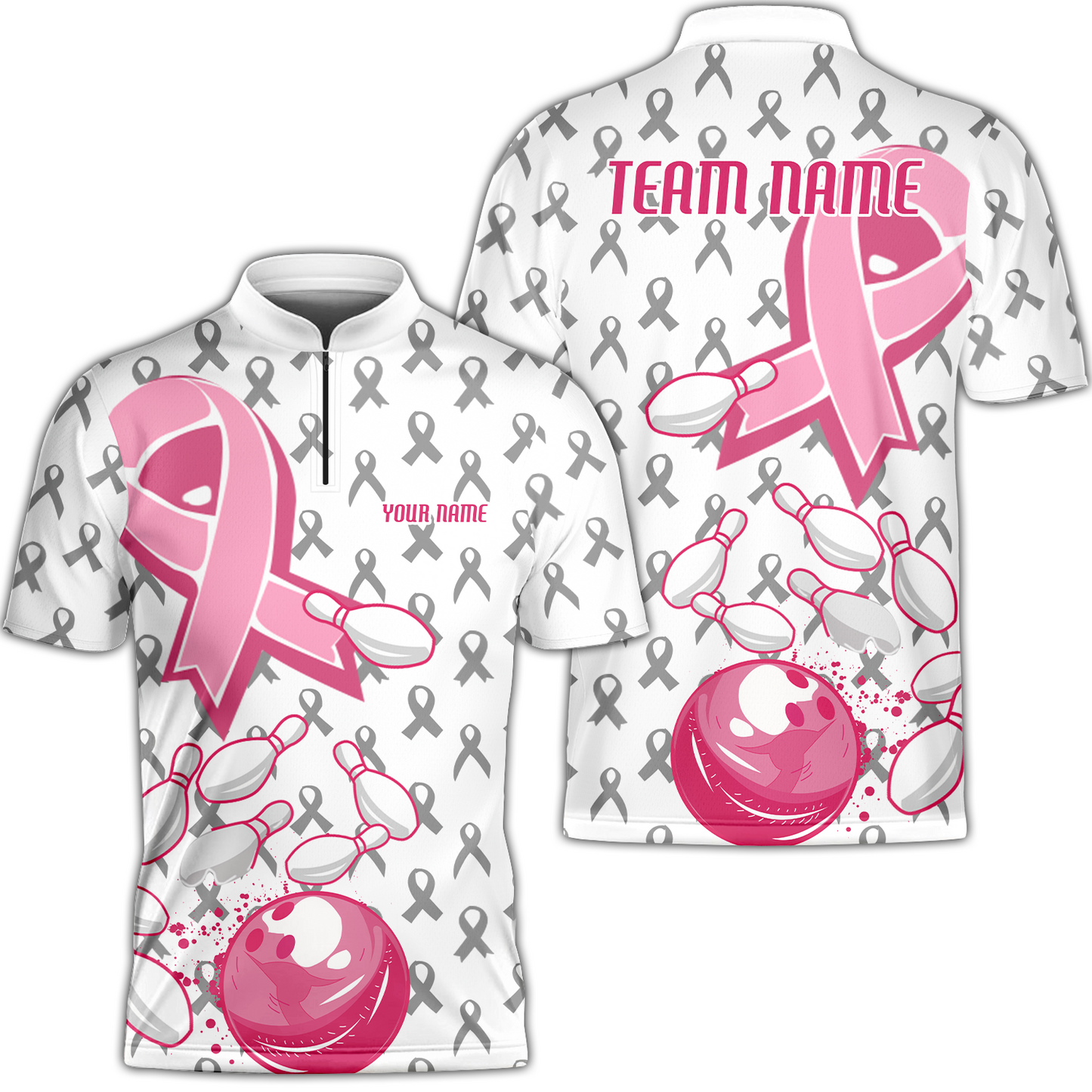 Custom Bowling Team Uniform Jerseys Breast Cancer Pink Ribbon Ladies, Bowling Shirt Personalized Name And Team Name
