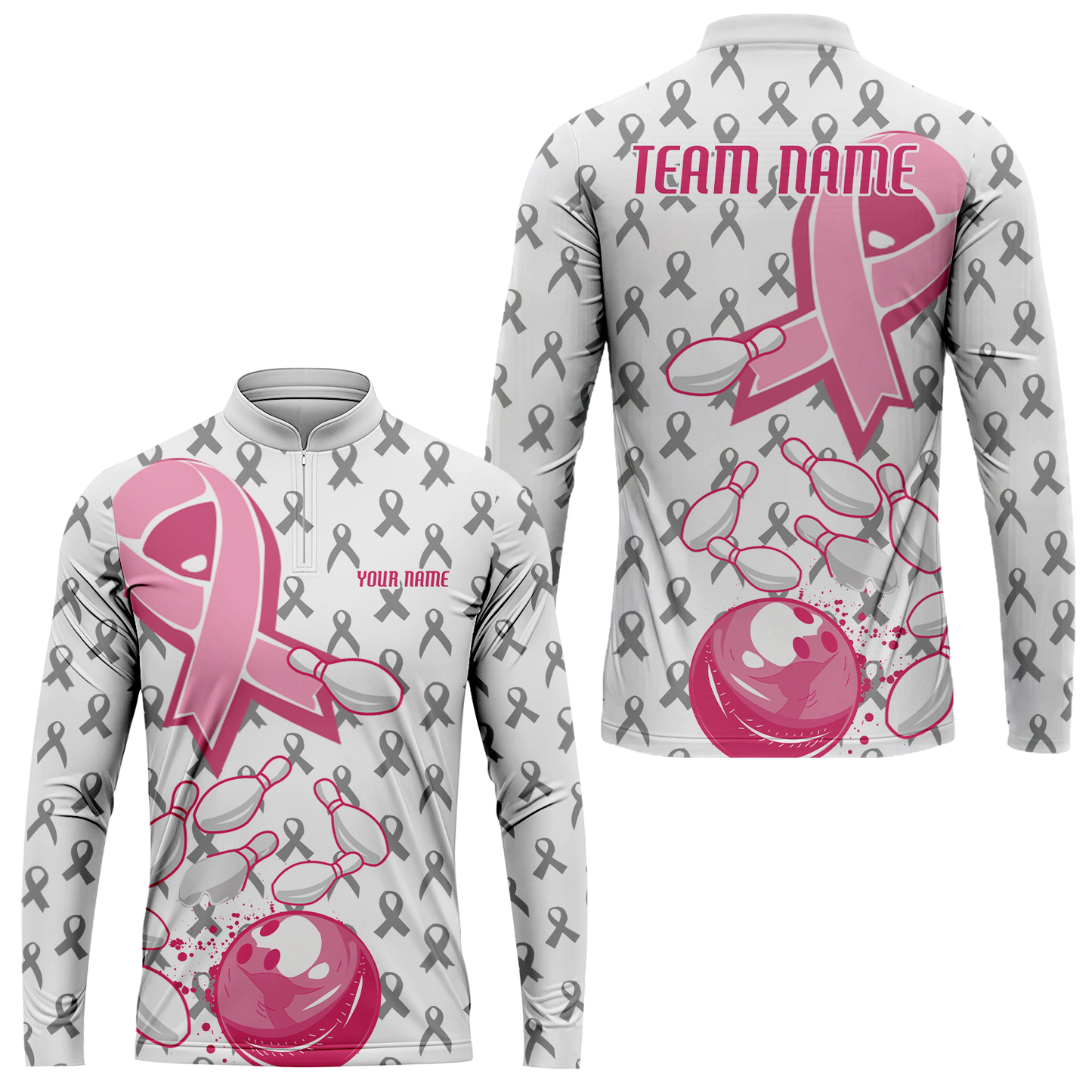 Custom Bowling Team Uniform Jerseys Breast Cancer Pink Ribbon Ladies, Bowling Shirt Personalized Name And Team Name