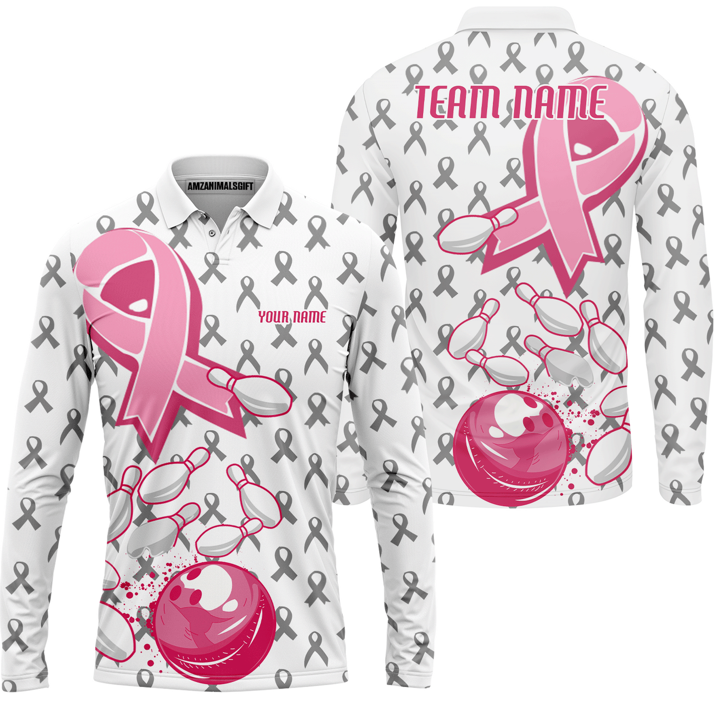 Custom Bowling Team Uniform Jerseys Breast Cancer Pink Ribbon Ladies, Bowling Shirt Personalized Name And Team Name