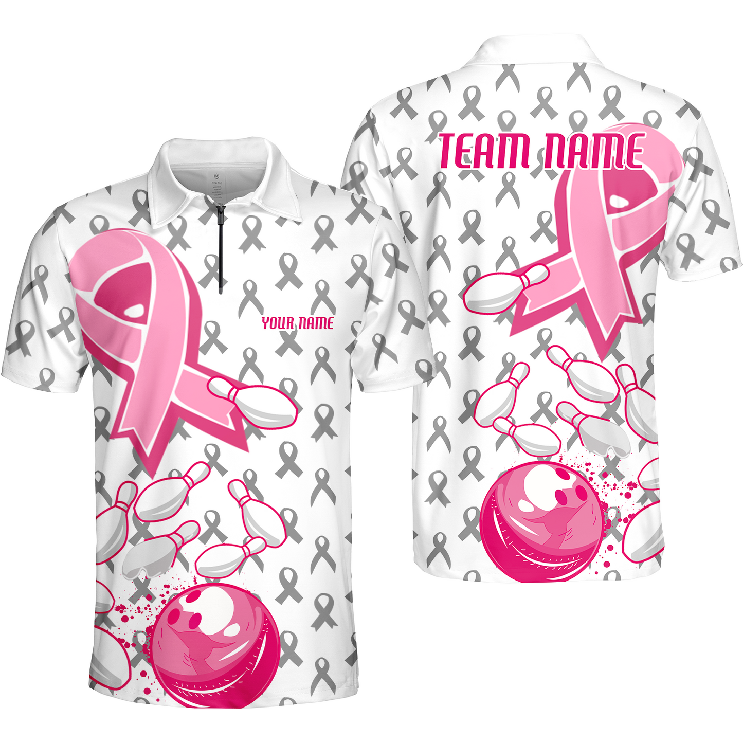 Custom Bowling Team Uniform Jerseys Breast Cancer Pink Ribbon Ladies, Bowling Shirt Personalized Name And Team Name