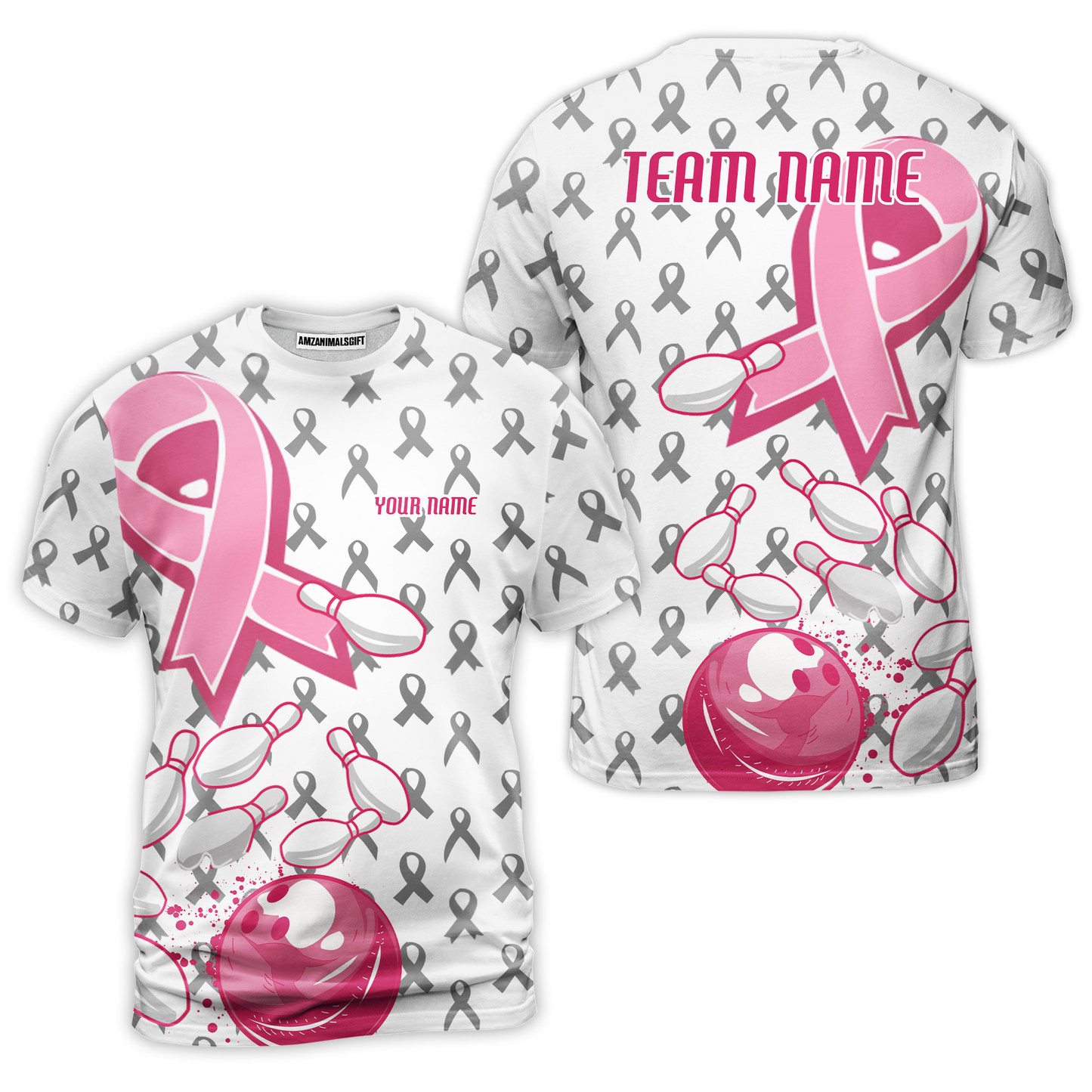 Custom Bowling Team Uniform Jerseys Breast Cancer Pink Ribbon Ladies, Bowling Shirt Personalized Name And Team Name