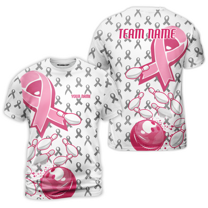 Custom Bowling Team Uniform Jerseys Breast Cancer Pink Ribbon Ladies, Bowling Shirt Personalized Name And Team Name